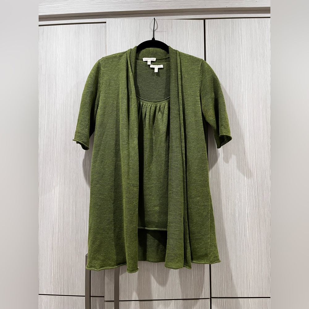 Eileen Fisher 100% Linen Short Sleeve Sweater Twin Set‎ Moss Green XS Two Piece